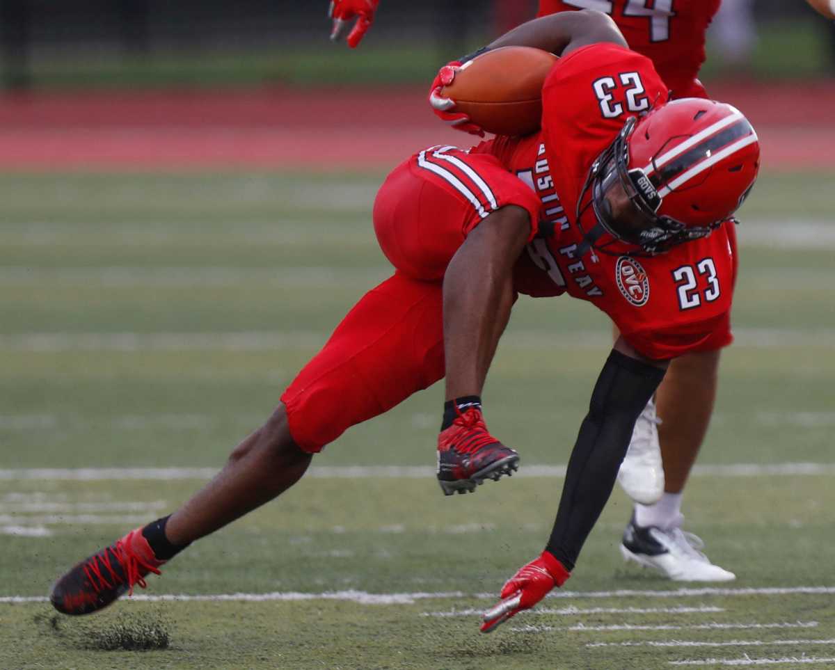 Austin Peay running back CJ Evans Jr. (23) recovers from almost stumbling on a run down the field in a OVC football game between the Austin Peay Governors and Morehead State Eagles at Fortera Stadium in Clarksville, Tenn., on Saturday, Sept. 18, 2021.